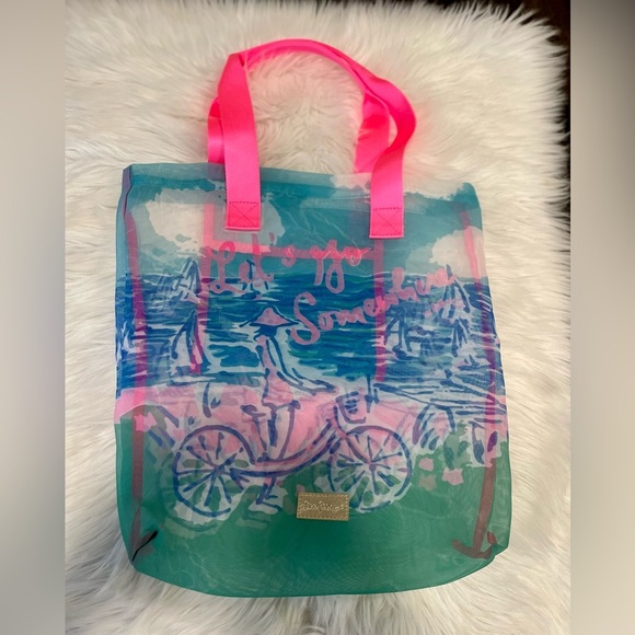 Nwot Lilly Pulitzer “Let’s Go Somewhere xx Lilly” Mesh Beach/Shopping Tote - Picture 3 of 8